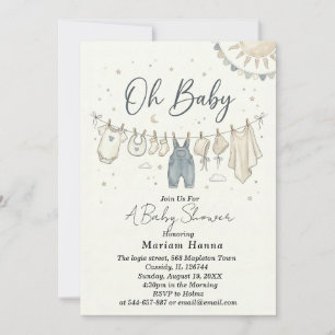 Neutral Oh Baby Klädstreck för baby shower Inbjudningar