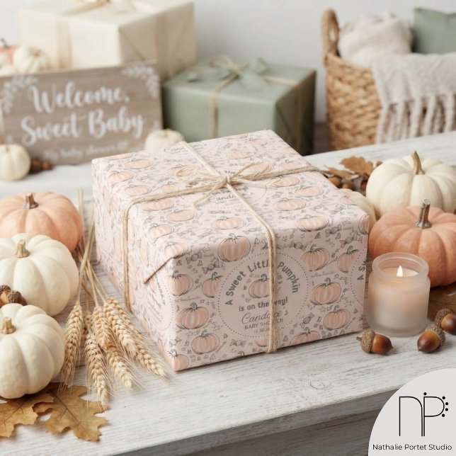 Neutral Orange & Cream Liten Pumpa Baby Shower Presentpapper (This Sweet Little Pumpkin Baby Shower Wrapping Paper features hand drawn pumpkins stars and candy)