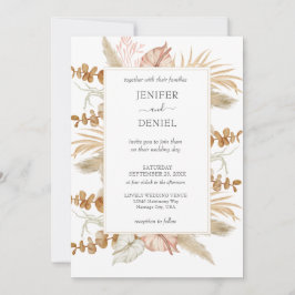 Neutral Palm and Pampas Flower Decor Wedding Inbjudningar