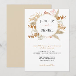 Neutral palm- och pampasblomsdekor till bröllop inbjudningar