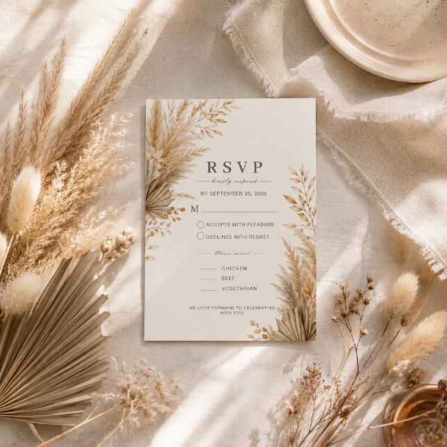 Neutral Pampas Botanisk Bröllops-RSVP-Kort OSA Kort (Neutral Pampas RSVP card with elegant botanicals and minimalist boho style.)