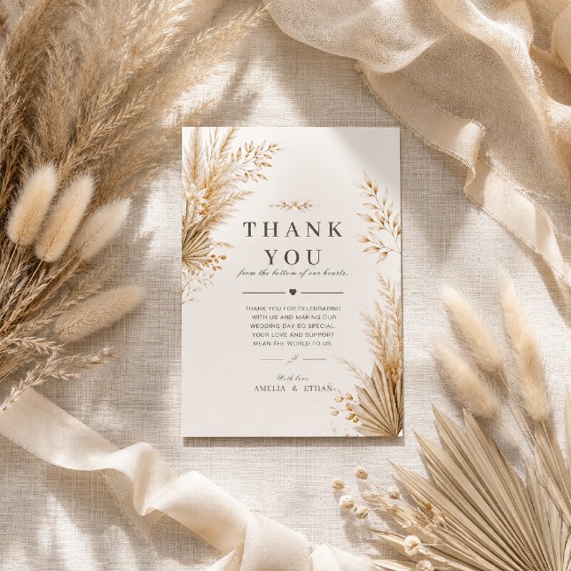 Neutral Pampas Botanisk Bröllops Tacksamhetskort Tack Kort (Elegant Neutral Pampas Thank You Card with soft boho botanical charm.)