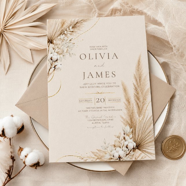 Neutral Pampas Elegans Boho Bröllopsinbjudan Inbjudningar (Skapare uppladdad)
