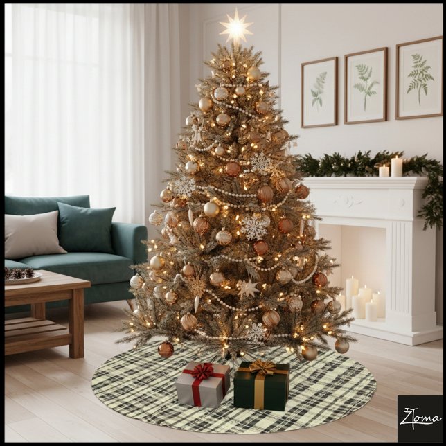 Neutral Plaid Sepia Tone Black Beige Julgransmatta Borstad Polyester (Skapare uppladdad)