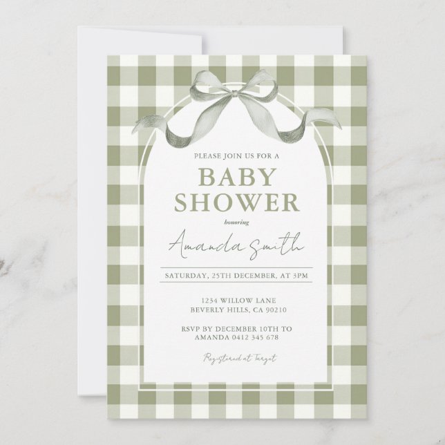 Neutral Preppy Sage Bow Baby Shower Inbjudningar (Framsida)