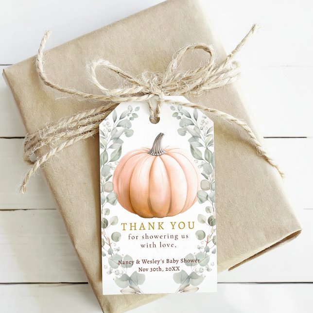 Neutral pumpa eukalyptus höst baby shower present  presentetikett (Orange Pumpkin Thank You Gift Tag)