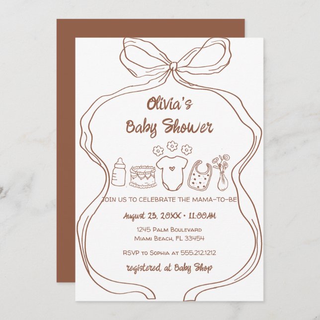 Neutral Quirky Hand plockade Bow Baby Shower Inbjudningar (Fram/baksida)