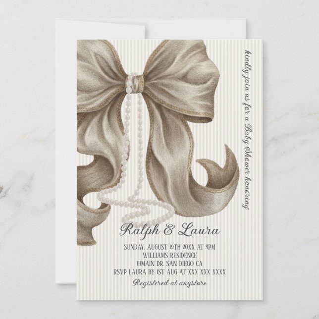 Neutral randig baby shower för flicka inbjudningar (Framsida)