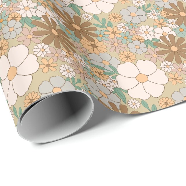 Neutral Retro BOHO Blommönster i Jordnära Nyanser Presentpapper (Rullad Hörn)
