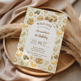 Neutral Safari Animals Wild One First Birthday Inbjudningar