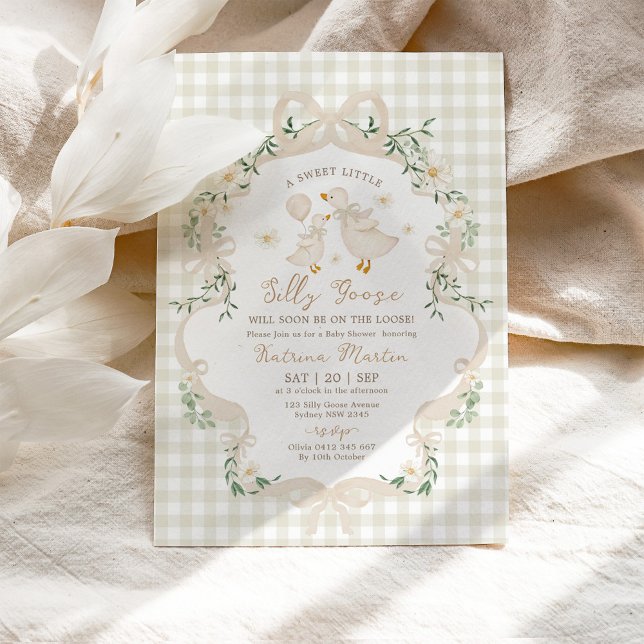 Neutral Silly Goose Beige Bow Gingham Baby Shower Inbjudningar (Skapare uppladdad)
