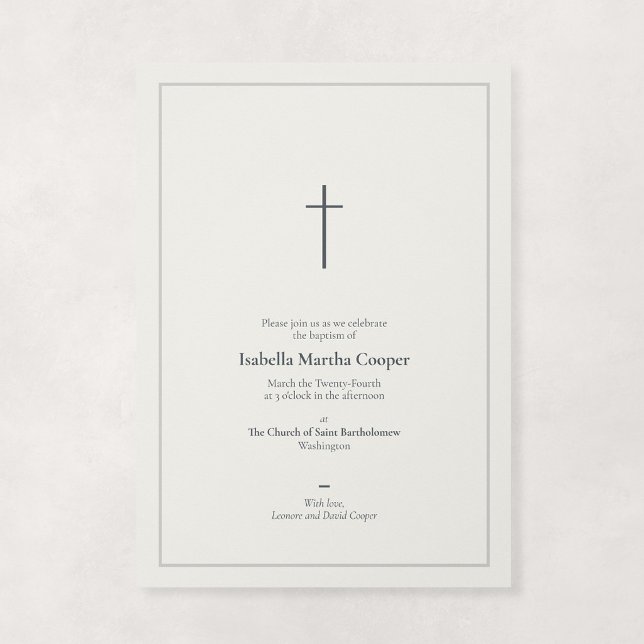 Neutral Stendoppsreligiös Minimal Kors Dop Inbjudningar (Grace - Minimal Cross Baptism Invitation in Stone)