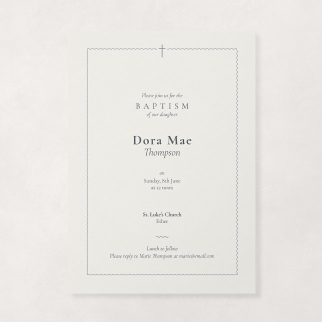 Neutral Stendoppsreligiösnålsniddkorsdop Inbjudningar (Grace - Scallop Frame Baptism Invitation in Stone and Charcoal)