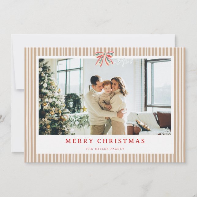 Neutral Stripe Bow Christmas Photo Holiday Card  Julkort (Framsida)
