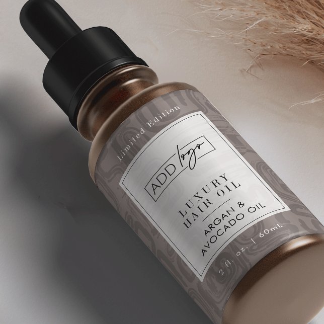 Neutral Tan Bohemian Logo 2OZ Dropper Bottle Fraktsedel (Elegant earthy tones custom logo cosmetic bottle wrap around label design )