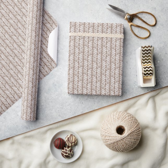 Neutral Taupe Beige Brun Vit Sicksack Stripes Presentpapper (Hantverk)