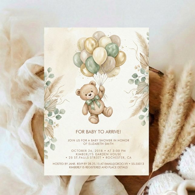 Neutral Teddy Bear Baby Shower blomma Grön Inbjudningar (Skapare uppladdad)