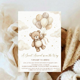 Neutral Teddy Bear Baby Shower bow Green Balloons Inbjudningar