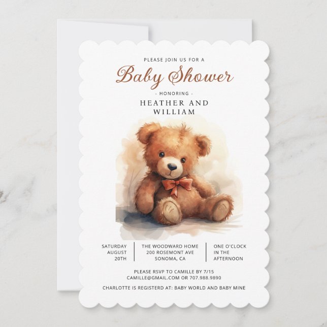 Neutral Teddy Bear Baby Shower  Inbjudningar (Framsida)