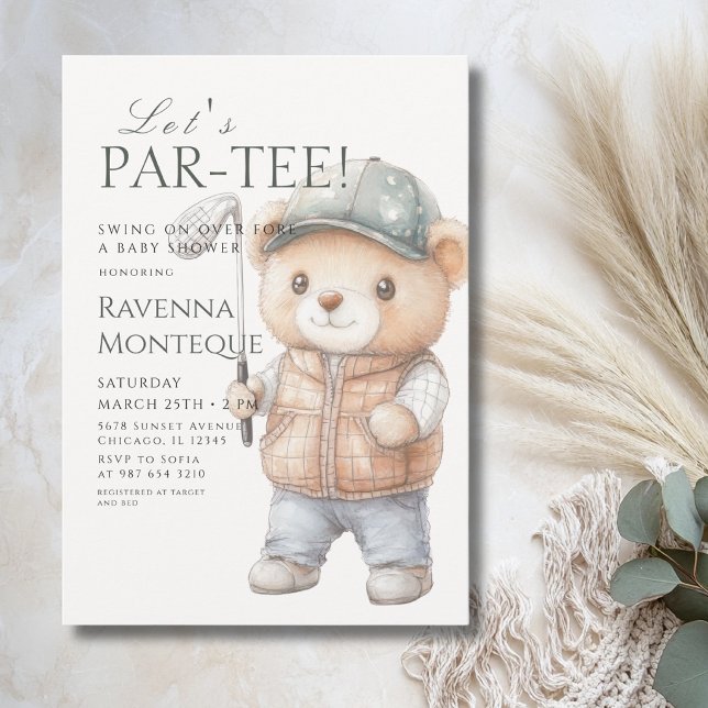 Neutral Teddy Golfklubb Låter Par-Tee Baby Shower Inbjudningar (Skapare uppladdad)