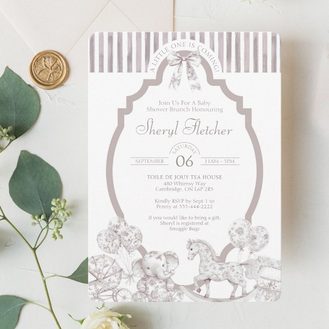 Neutral Toile Bebis Shower Inbjudan (Timeless toile de jouy baby shower invite with elegant vintage charm.







)