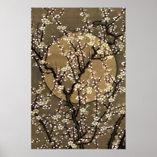 Neutral ton Fullmåne Körsbärsblomdesign Konst Poster