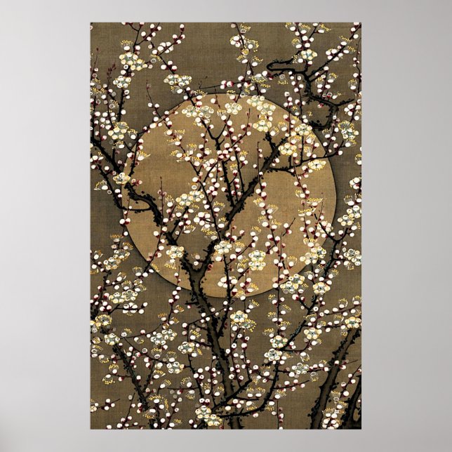 Neutral ton Fullmåne Körsbärsblomdesign Konst Poster (Framsidan)