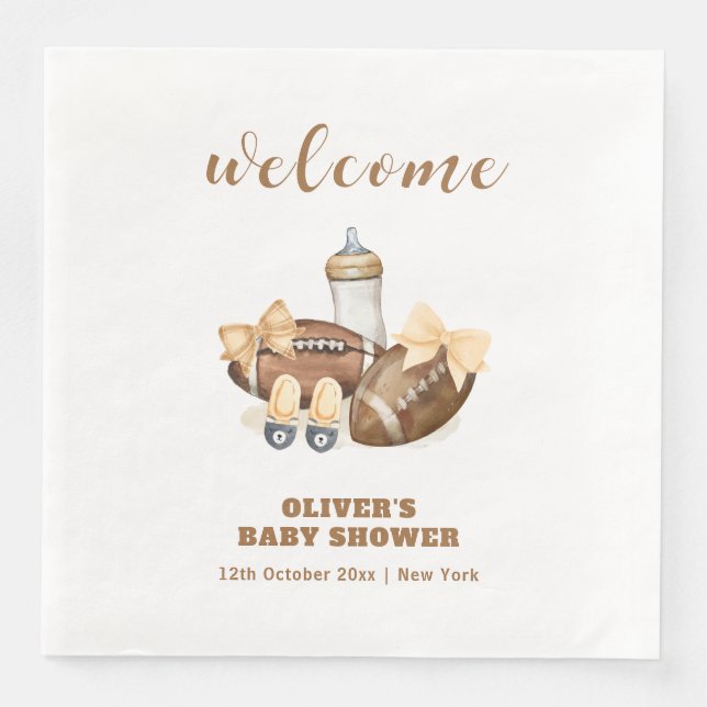 Neutral Touchdown Football Baby Shower Welcome Pappersservett (Framsida)