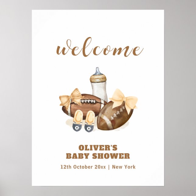 Neutral Touchdown Fotboll Baby Shower Välkommen Poster (Framsidan)