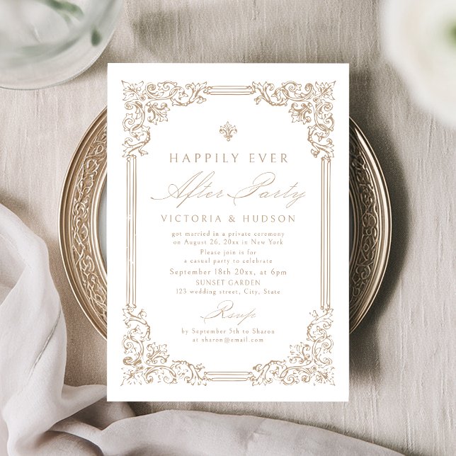 Neutral Vintage Ram Bröllopet Lyckligt Inbjudningar (Neutral Vintage Frame Happily Ever After Party Invitation)