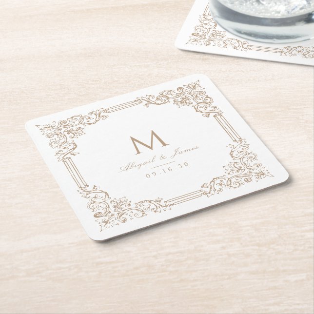 Neutral Vintage Ram Elegant Bröllopsmonogram Underlägg Papper Kvadrat (Vinklad)