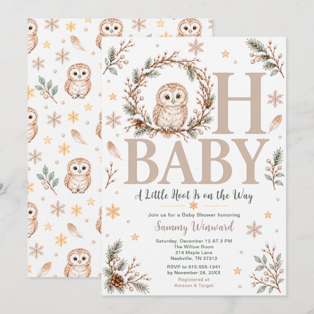 Neutral vinteruggla baby shower inbjudningar (Fram/baksida)