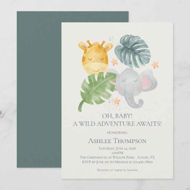Neutral Watercolor Jungle Animals Baby Shower Inbjudningar (Fram/baksida)