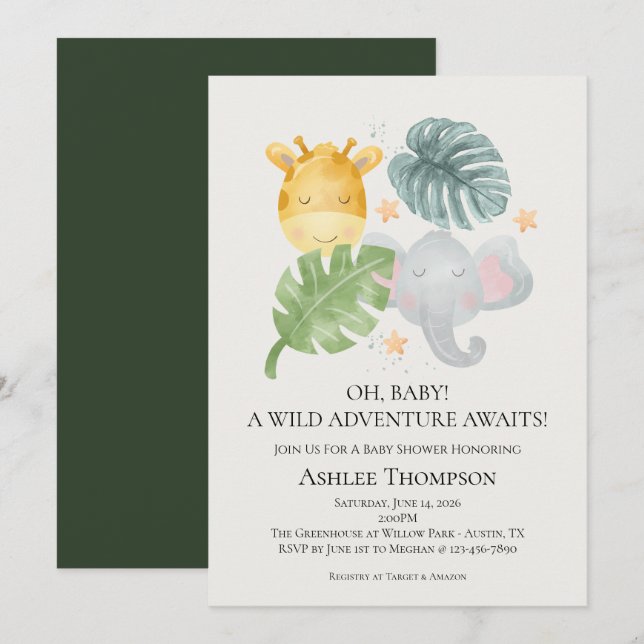 Neutral Watercolor Jungle Animals Baby Shower Inbjudningar (Fram/baksida)