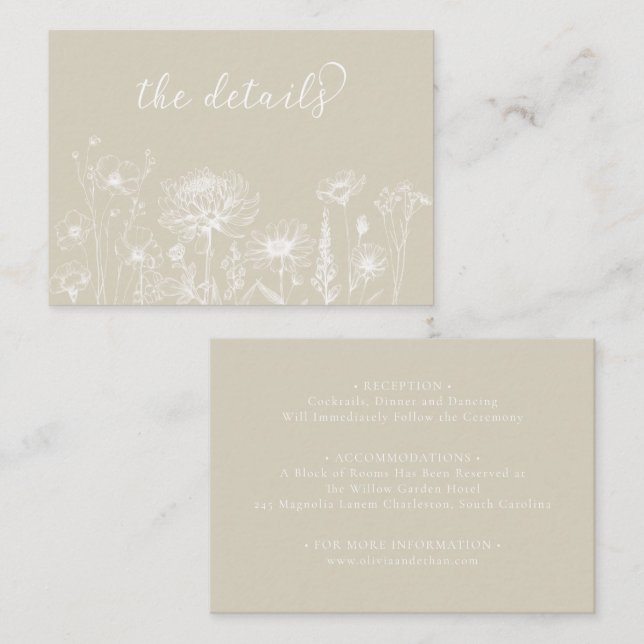 Neutral Wildflower Details Card Minimalist Wedding Tilläggskort (Fram/baksida)