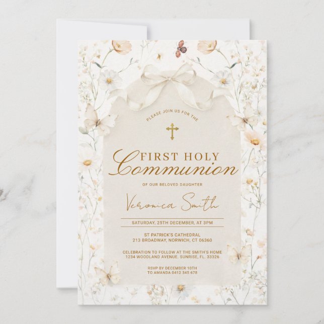 Neutral Wildflower Ivory First Holy Communion Inbjudningar (Framsida)