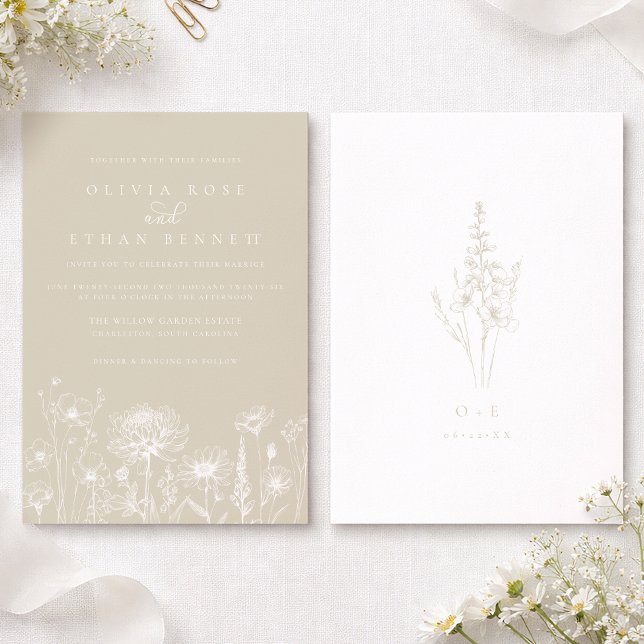 Neutral Wildflower Linje Konst Bröllopsinbjudan Inbjudningar (Wildflower Cream Wedding Invite)
