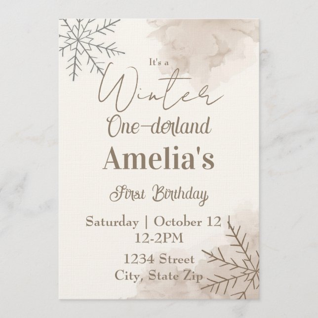 Neutral Winter First Birthday Invitation – Minimal Inbjudningar (Framsida)