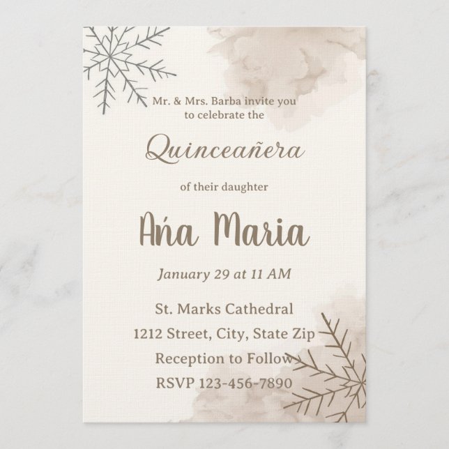 Neutral Winter Quinceañera Invitation – Minimalist Inbjudningar (Framsida)
