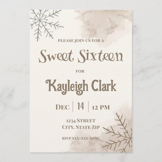 Neutral Winter Sweet Sixteen Invitation – Minimal Inbjudningar (Framsida)