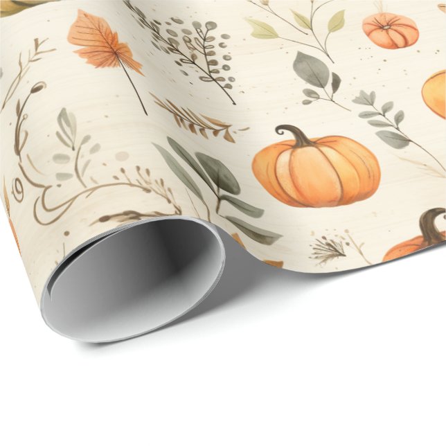Neutrala akvarellpumpor och små höstlövgrenar presentpapper (Rullad Hörn)