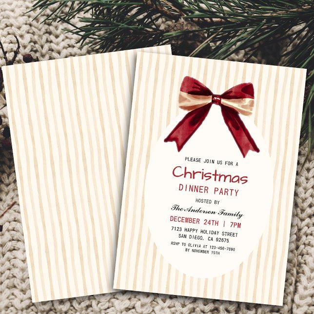 Neutrala Beige Ränder Jul Dinner Parti  Inbjudningar (Skapare uppladdad)