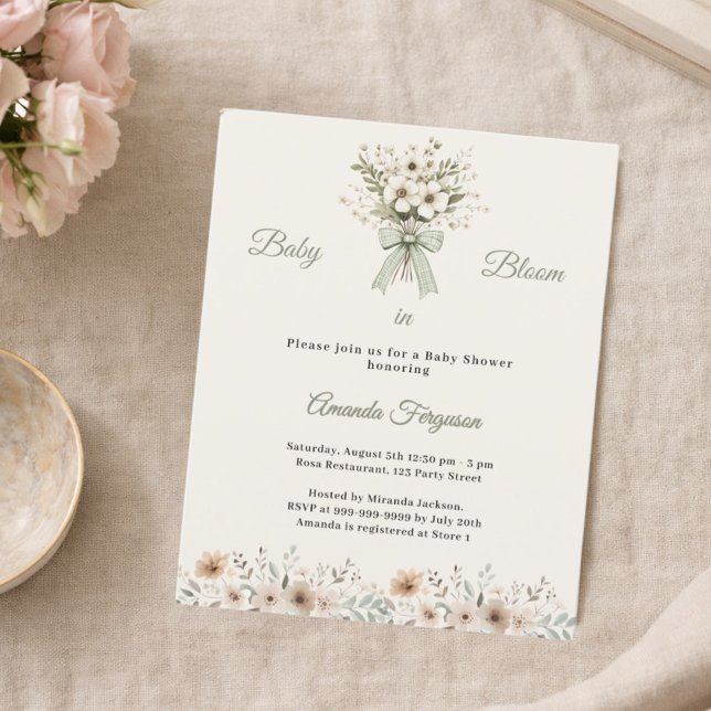 Neutrala blommor grön blomning Baby Shower inbjuda (Skapare uppladdad)