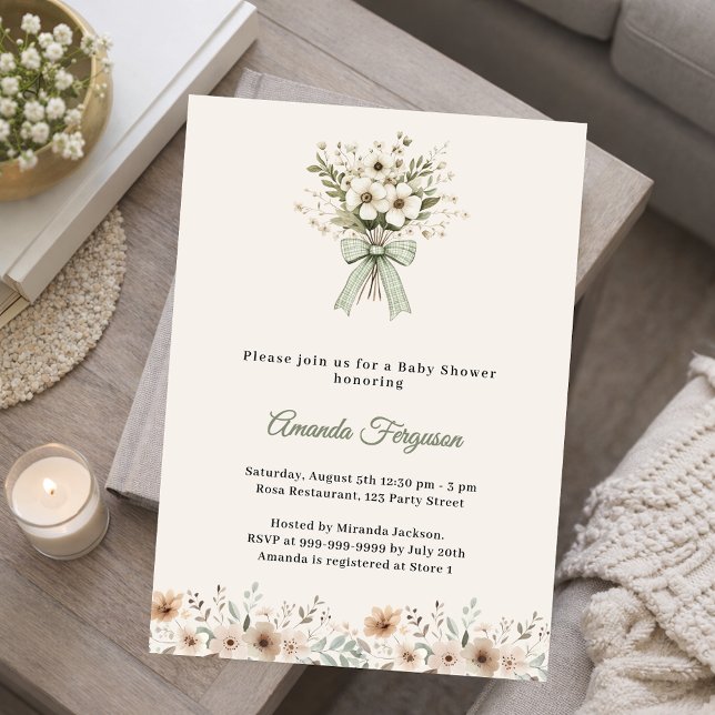 Neutrala blommor grön elfenben sommar Baby Shower Inbjudningar (Skapare uppladdad)