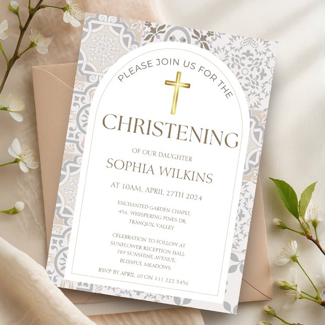 Neutrala Medelhavs Positano-plattor Dopning Inbjudningar (Mediterranean Italian Positano Tiles Christening Invitation)