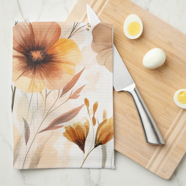 Neutrala Tan Blommor Vattenfärg Blommar Elegant  Kökshandduk (Vikt i Fjärdedel)