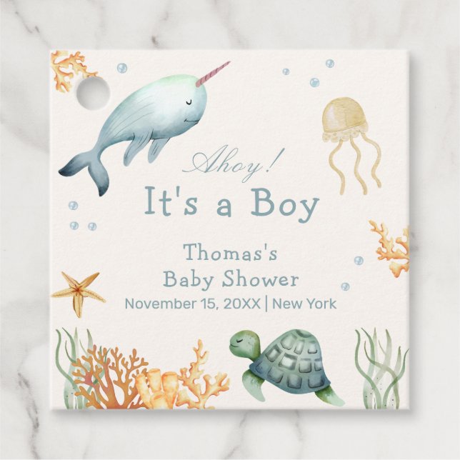 Neutralt Ahoy under Sea Whale Boy Shower Gåvor Etiketter (Framsida)