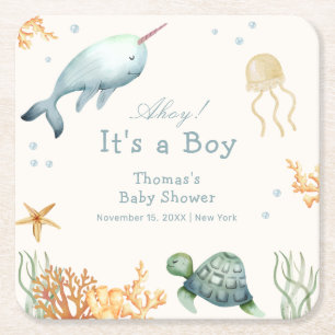 Neutralt Ahoy under Sea Whale Boy Shower Underlägg Papper Kvadrat