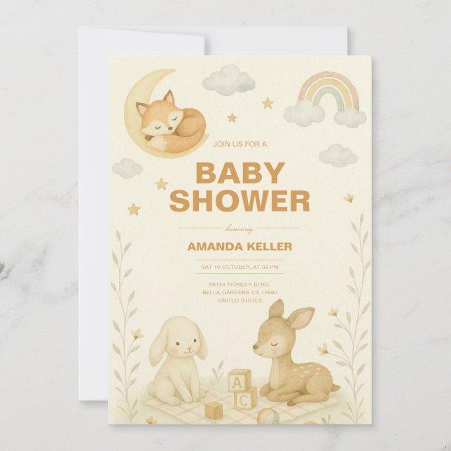 Neutralt Baby djur Nursery Baby Shower Inbjudningar (Framsida)