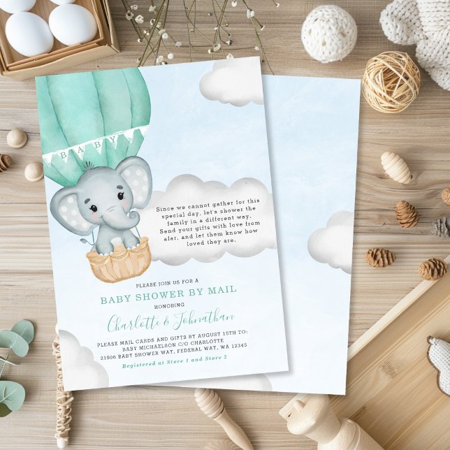 Neutralt Baby Shower by Mail Elephant Mint Grönt Inbjudningar (Neutral Baby Shower By Mail Elephant Mint Green Invitation)